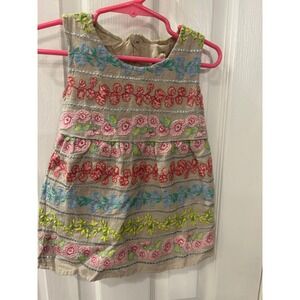 Peek Kids Floral‎ Dress Beige Embroidered Silver Metallic Stripe 12-18M Toddler